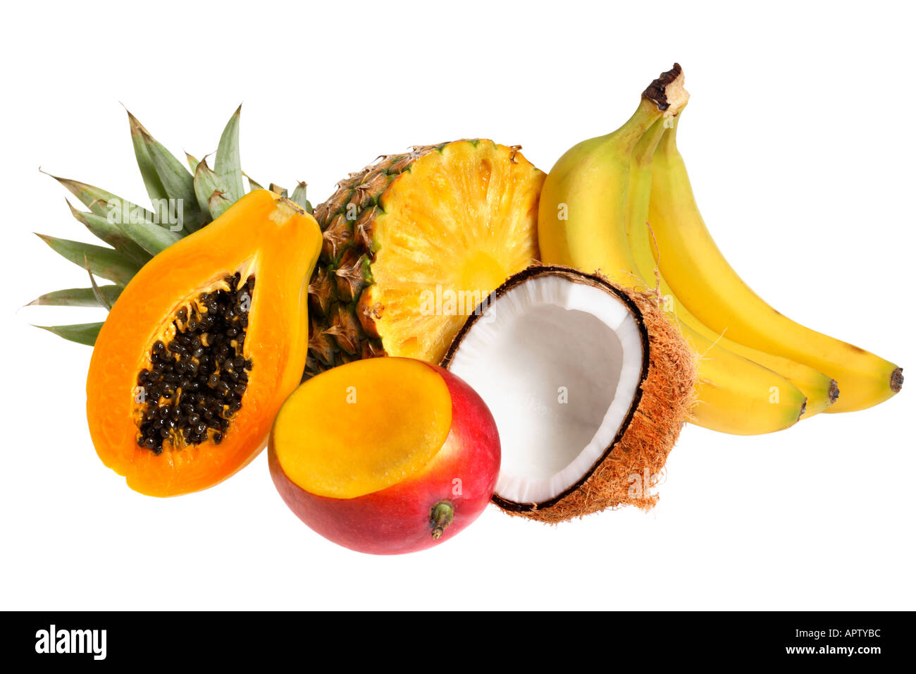 Fruits tropicaux ; mangue Papaye Ananas Banane Coco Photo Stock Alamy