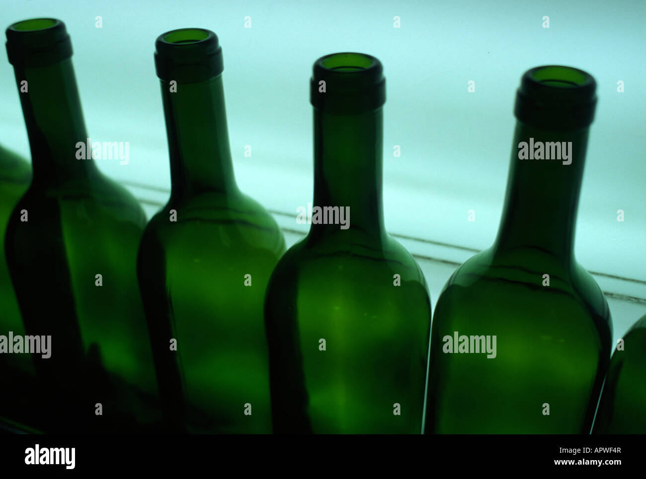 Des bouteilles de vin en verre vert avant la mise en bouteille Banque D'Images