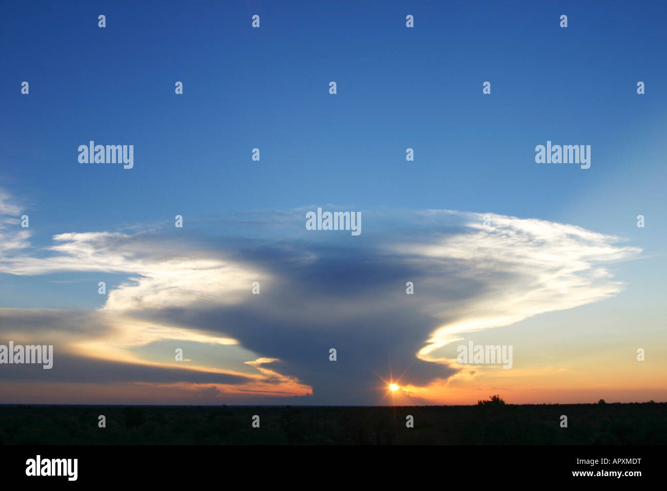 Vue panoramique d'un coucher du soleil avec un grand cumulo nimbus cloud Banque D'Images