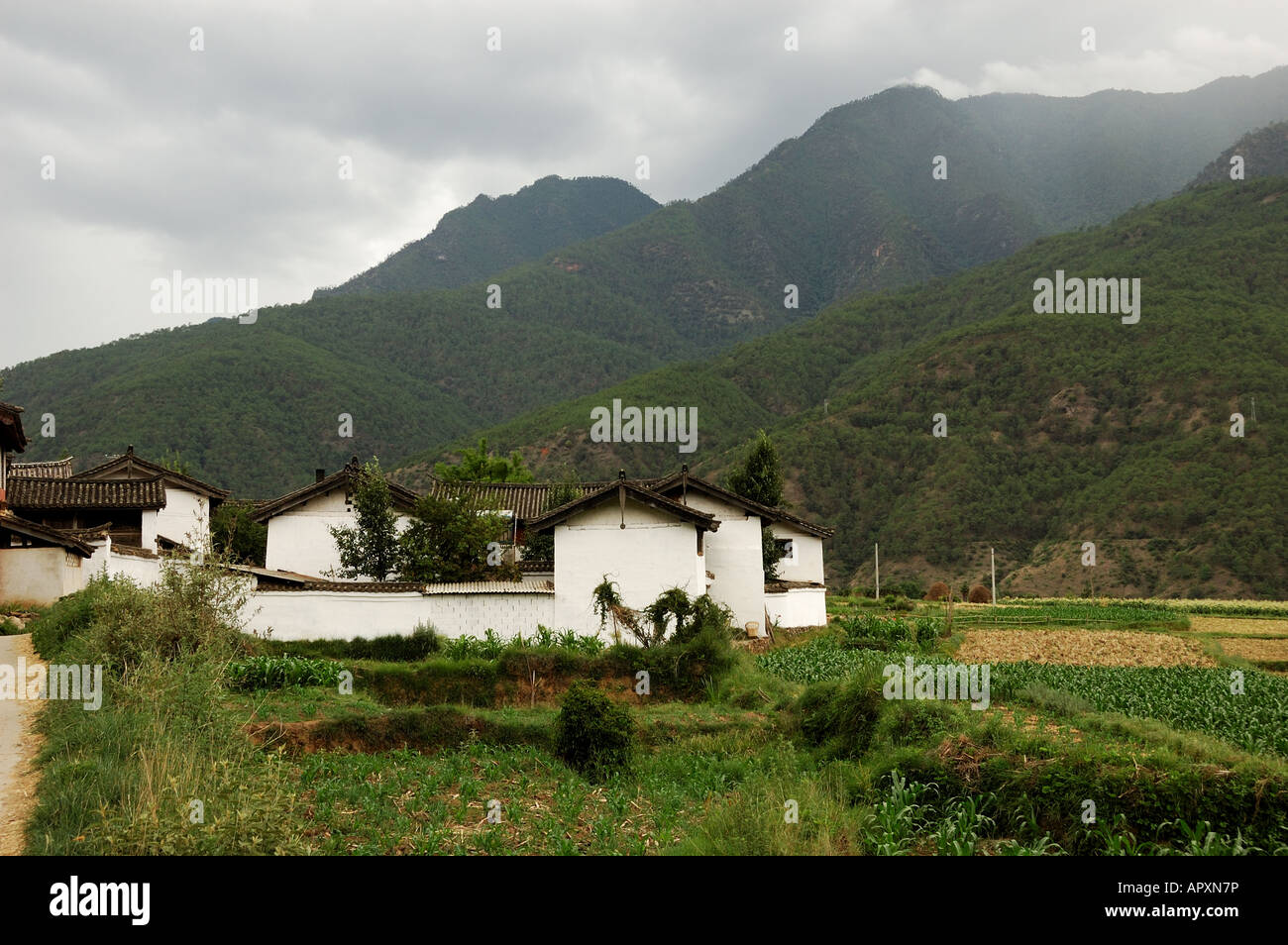 Un village traditionnel de montagne dans un brouillard. Lijiang, Yunnan, Chine. Banque D'Images