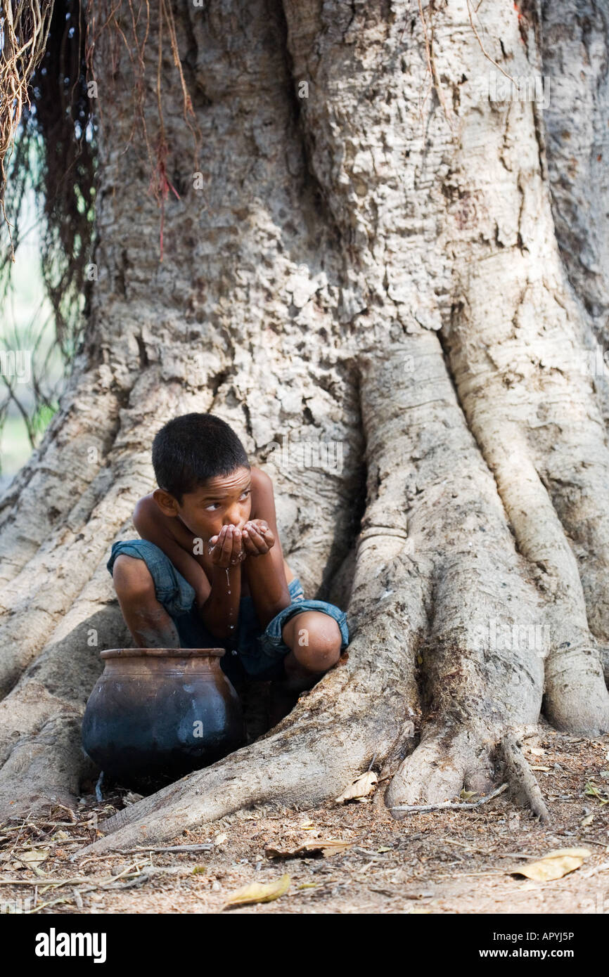 Jeune Indien l'eau potable à partir d'un pot en argile sur Banyan Tree. L'Andhra Pradesh, Inde Banque D'Images