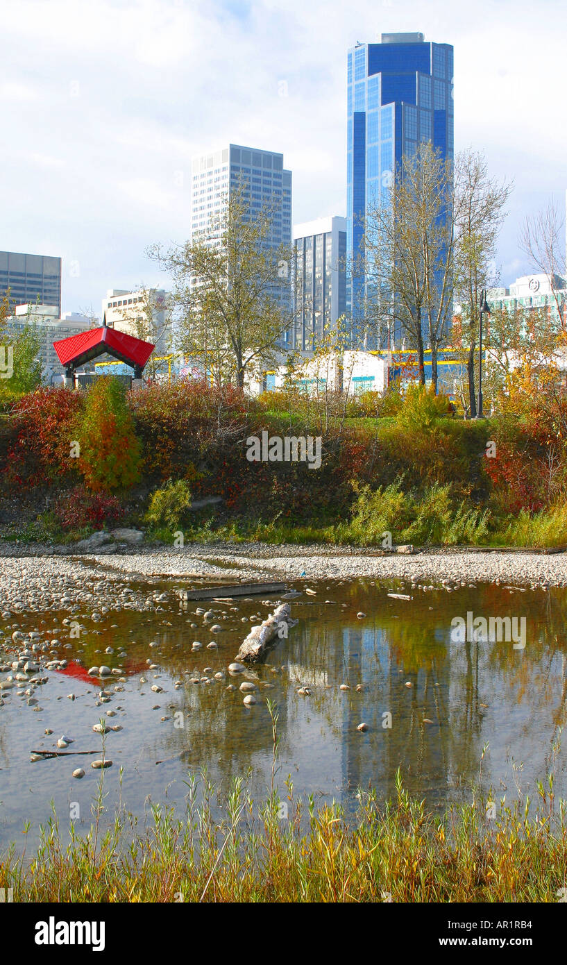ARCHITECTURE : vue sur le centre-ville de Calgary, Alberta, Canada avec reflets dans la rivière Elbow Banque D'Images
