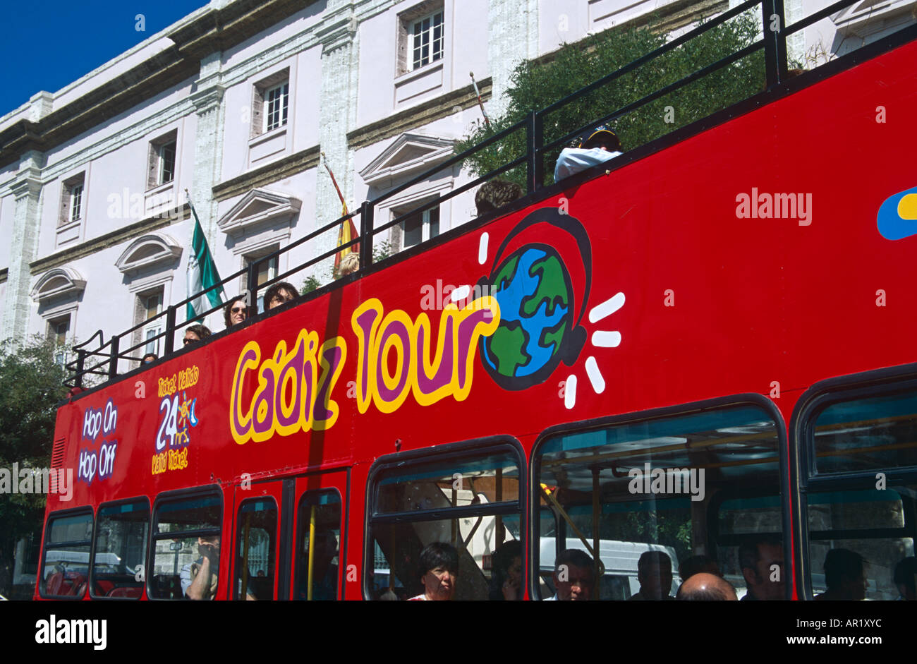 Des touristes, de bus Cadiz Cadix, Espagne Banque D'Images