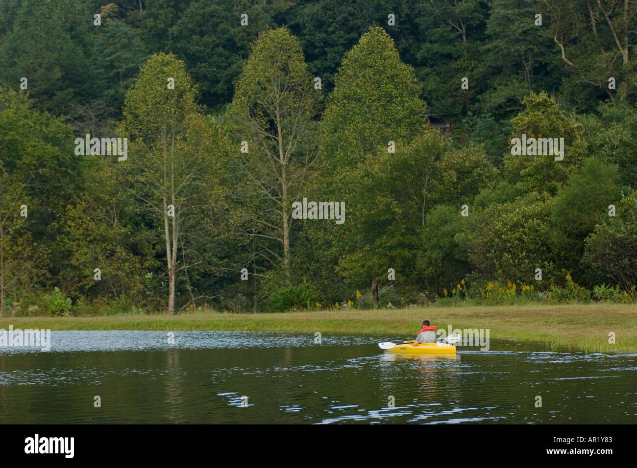 Teenage boy kayak sur lac privé au nord de la Géorgie, USA Banque D'Images