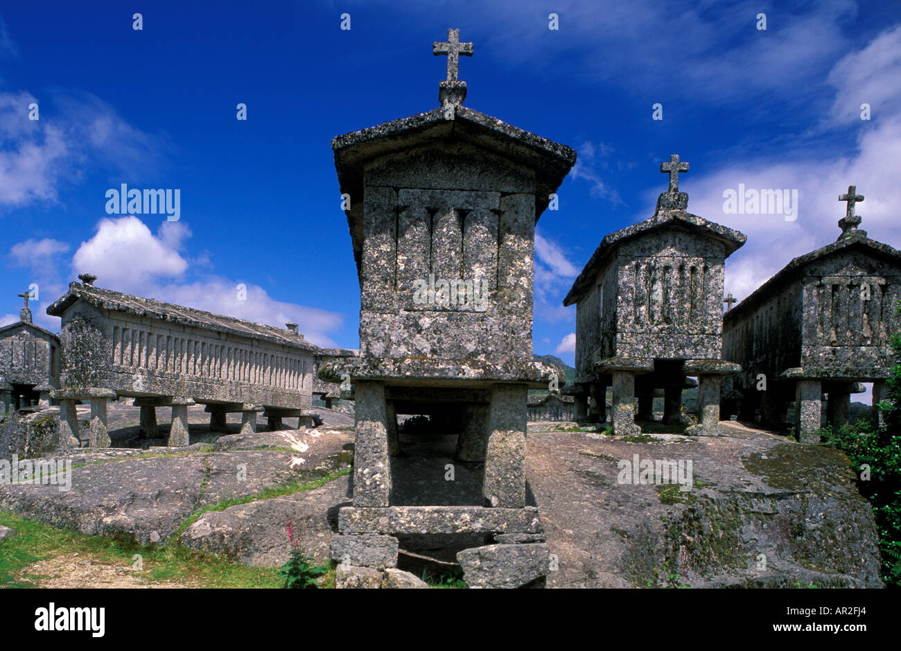 Espigueiros, maïs, stockages, Peneda-Geres Parc National de Soajo, Serra do Soajo, Portugal Banque D'Images