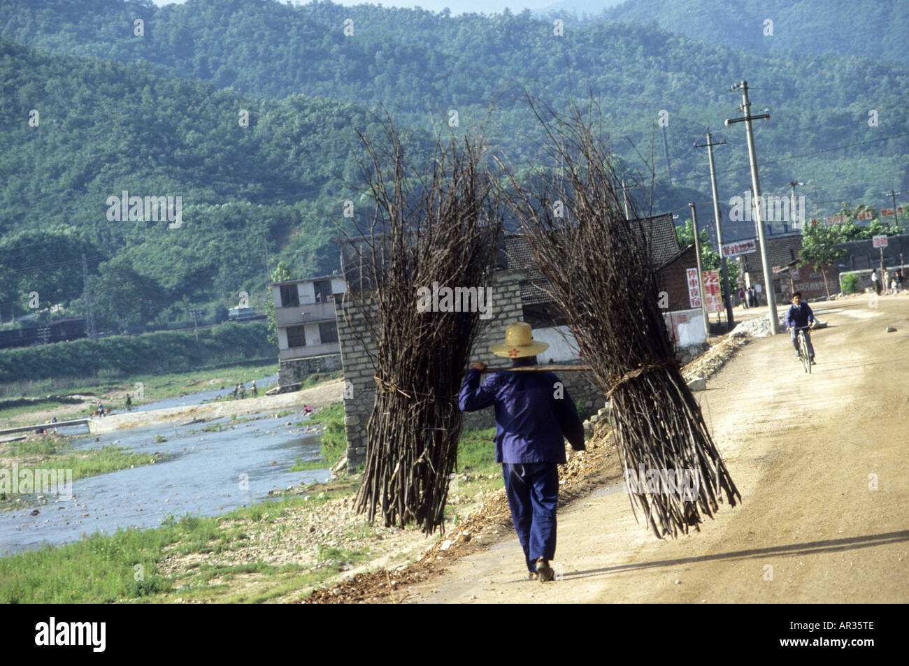 L'homme chinois portent une grande quantité de bois dans les régions rurales de Chine Banque D'Images