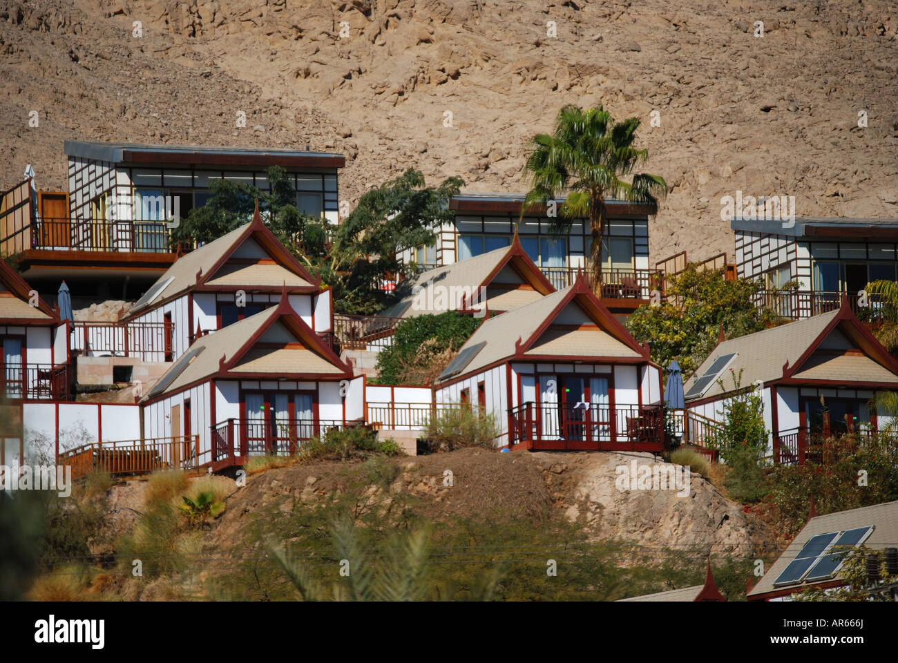 Maisons en bord de mer, North Beach, Eilat, South District, Israël Banque D'Images