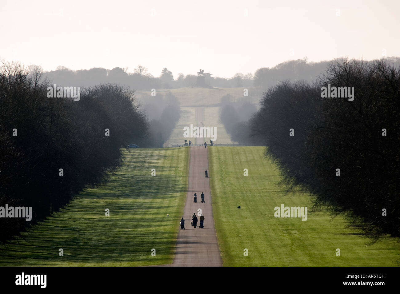 La longue marche dans Windsor Great Park en vue du château de Windsor, Windsor, Angleterre Banque D'Images