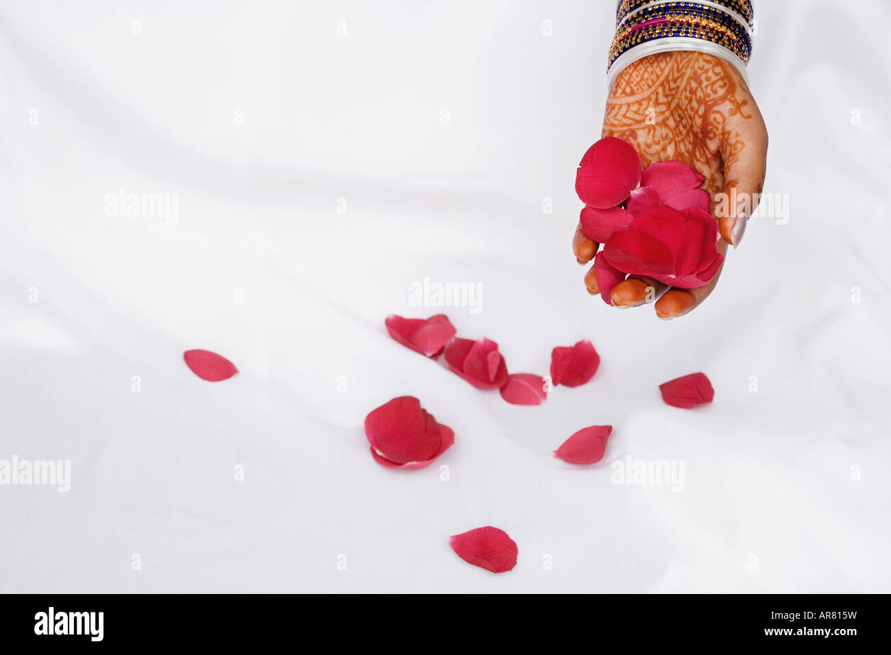 Indian girl with henna hand holding red rose petals Banque D'Images