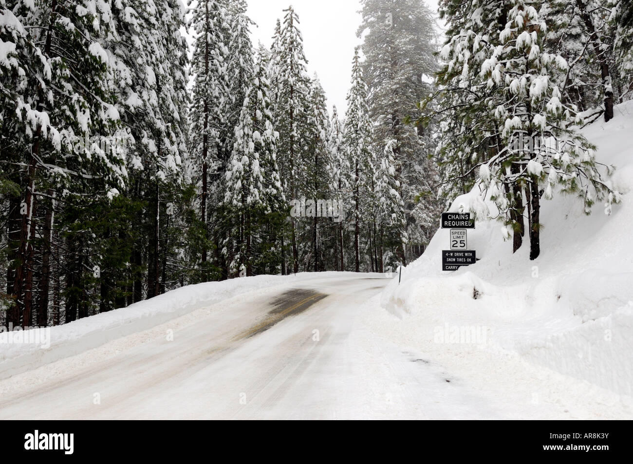 Chaînes ou 4 roues motrices avec pneus neige sont souvent nécessaires en hiver sur la California State Route 41, à l'intérieur du Yosemite Park. Banque D'Images