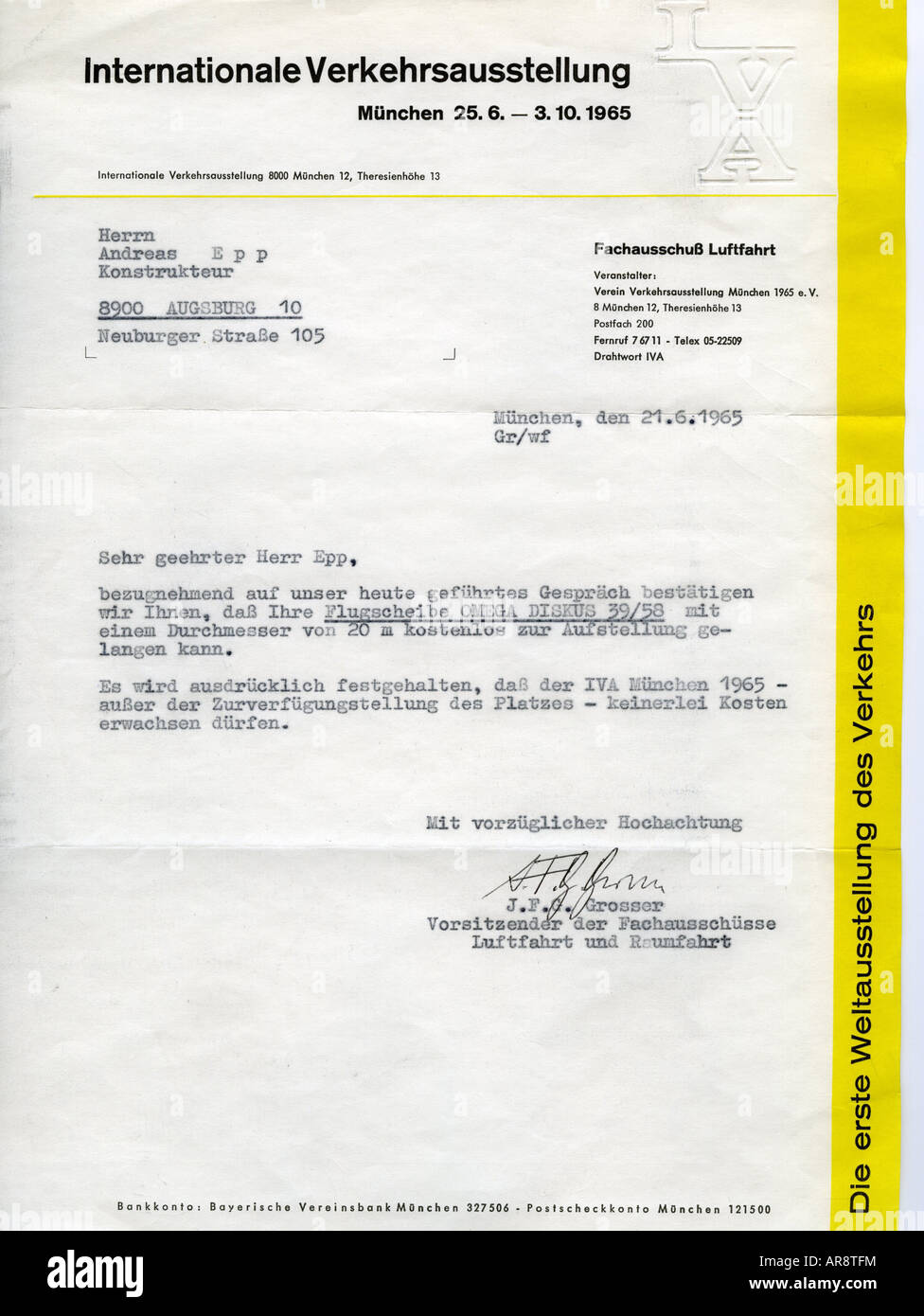 EPP, Joseph Andreas, 1914 - 1997, inventeur allemand, documents, invitation à la présentation de sa soucoupe volante sur IVA Munich 1965, (salon international des transports, 25.6.1965-3.10.1965), 1965, Banque D'Images