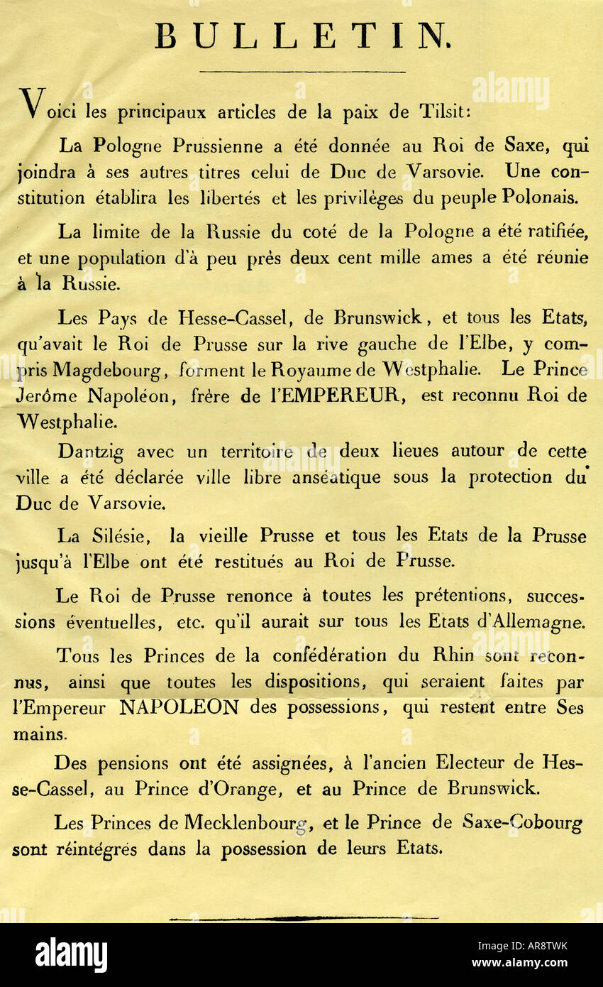 Événements, guerre de la 4ème Coalition 1806 - 1807, Traité de Tilsit 7. Et 9.7.1807, principaux articles, bulletin 1807, guerres napoléoniennes, France, Russie, Prusse, Pologne, Granduchy de Varsovie, Royaume de Westphalie, politique, XIXe siècle, historique, Banque D'Images