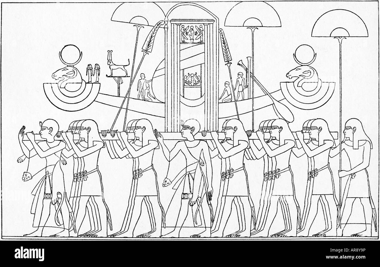 Géographie/voyage, Egypte, religion, procession wtih la Sainte Barque de Dieu Amun, soulagement, période du roi Ramesses II (vers 1290 - 1224 VCHR., 19ème dynastie, gravure en bois de Karl Richard Lepsius 'Mononements d'Egypte et d'Ethiopie', , Banque D'Images