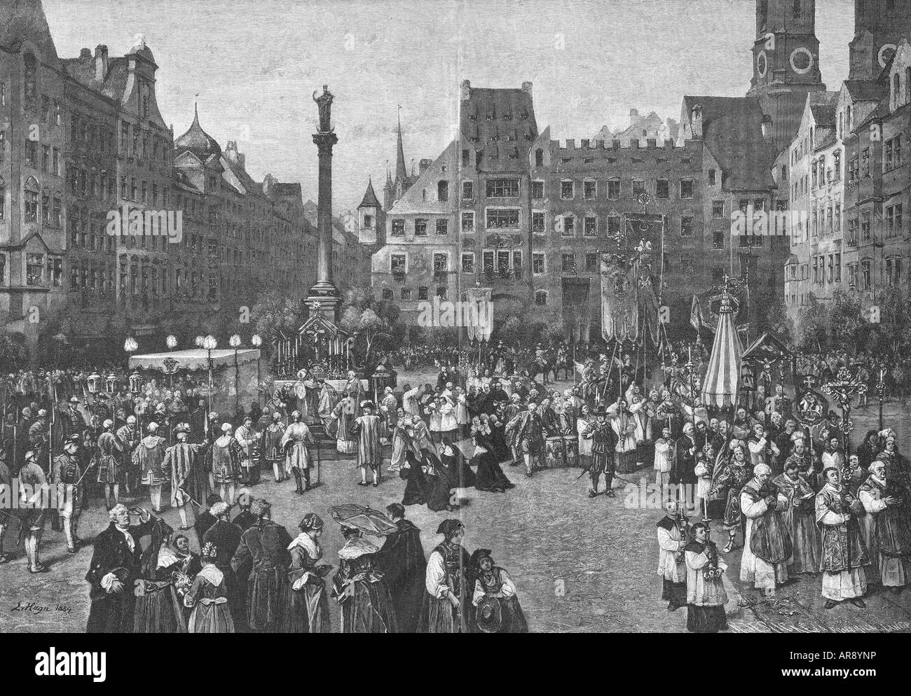 Religion, chritianty, fêtes ecclésiales, Corpus Christi, procession sur la Schrannenplatz de Munich au XVIIIe siècle, gravure en bois après peinture par Ludwig von Hagn, fin du XIXe siècle, fête catholique, prêtres, religieuses, cour bavaroise, courtitiers, noblesse, burghers, soldats, gens, catholis, Allemagne, Bavière, Europe, historique, historique, historique, historique, Banque D'Images