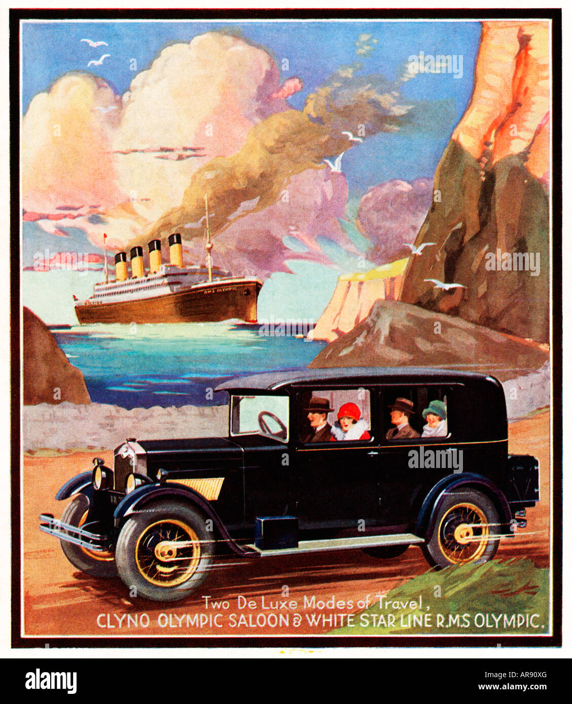 Deux modes de voyage de Luxe 1928 annonce pour la voiture de berline olympique Clyno avec le paquebot olympique RMS White Star en mer derrière Banque D'Images