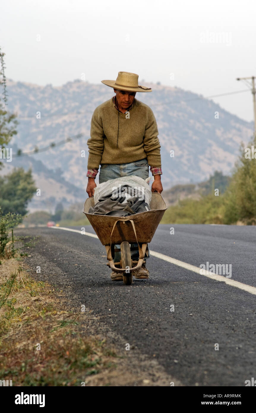 Travailleur de rue avec brouette vallée de Colchagua Chili Banque D'Images