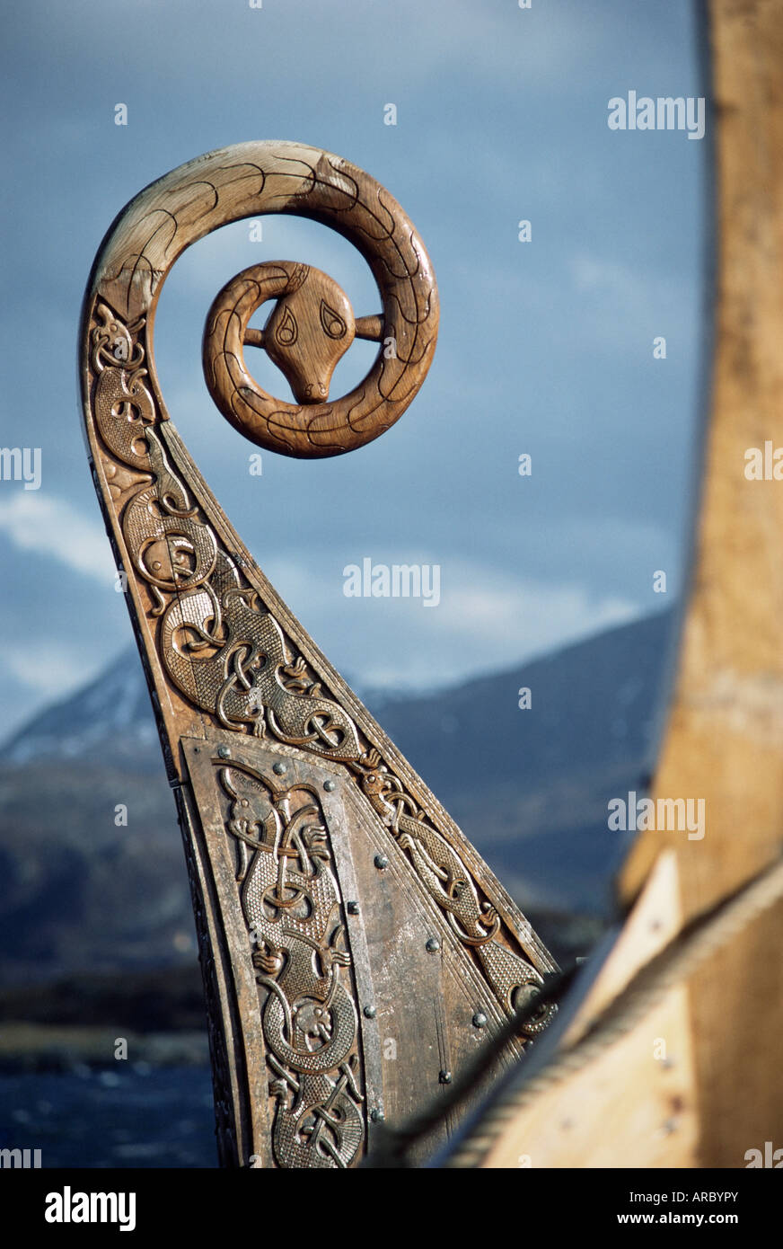 Détail de la réplique d'une 9ème ANNONCE de siècle Viking Ship, Oseberg, Norvège, Scandinavie, Europe Banque D'Images