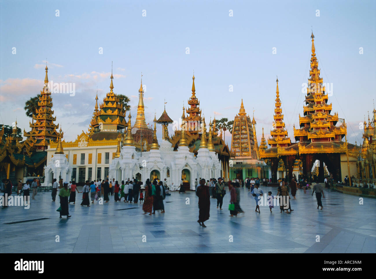 Dôme doré de la pagode Shwedagon la pagode Shwe Dagon (Paya) au crépuscule, Yangon (Rangoon), le Myanmar (Birmanie), l'Asie Banque D'Images