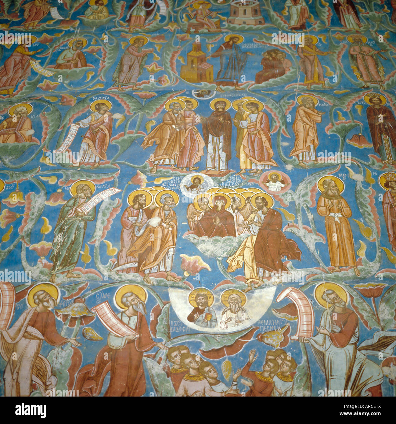 Fresque de l'arbre de Jesse, Ancien et Nouveau Testament, les chiffres de 1537, l'église du monastère Moldovita, Moldavie, Roumanie Banque D'Images