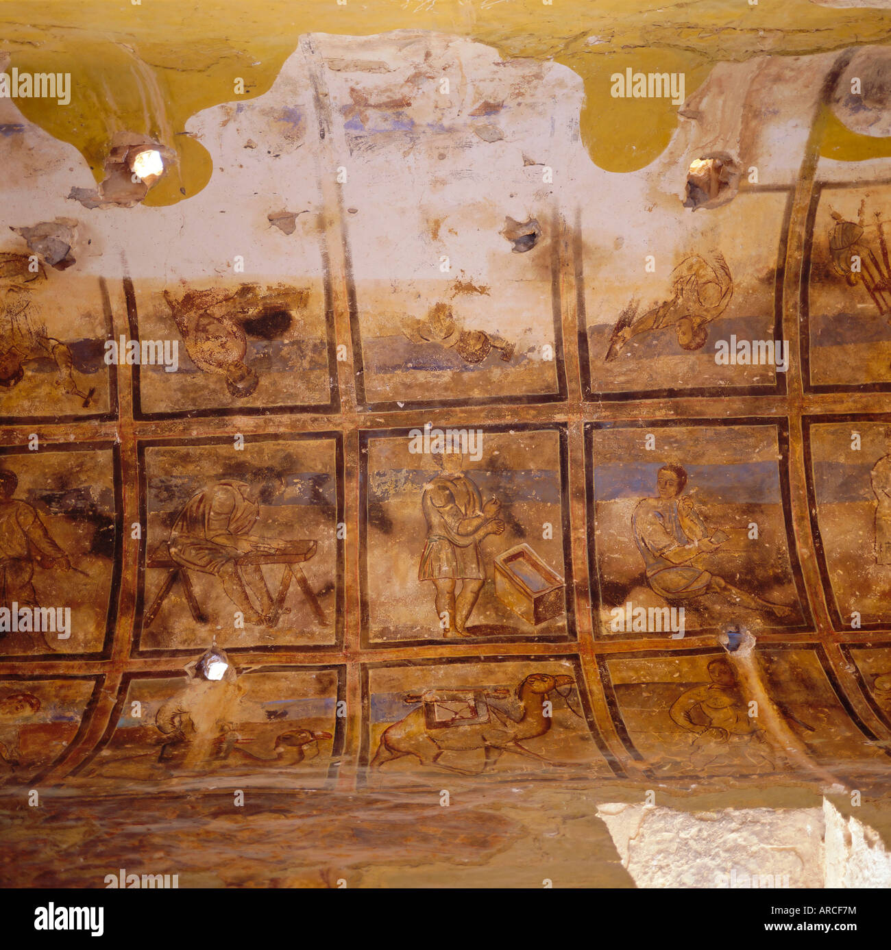 Fresques d'artisans à plafond nef latérale, Qusayr Amra, établissement de bains omeyyades, Jordanie, Moyen-Orient Banque D'Images