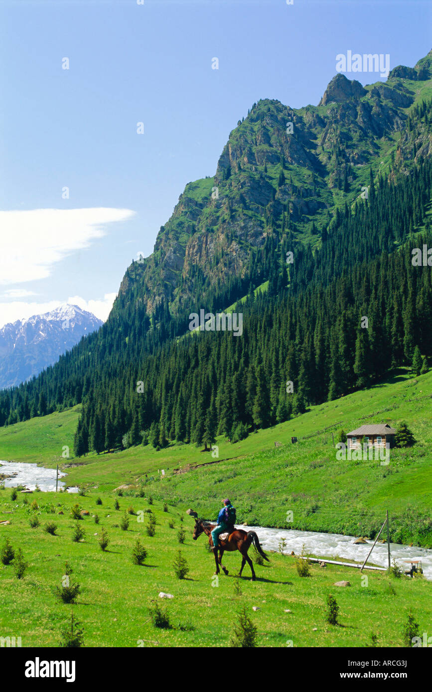 Sur l'homme à cheval près de Altyn-Arashan Kara-Kol, du Kirghizistan, de l'Asie centrale Banque D'Images
