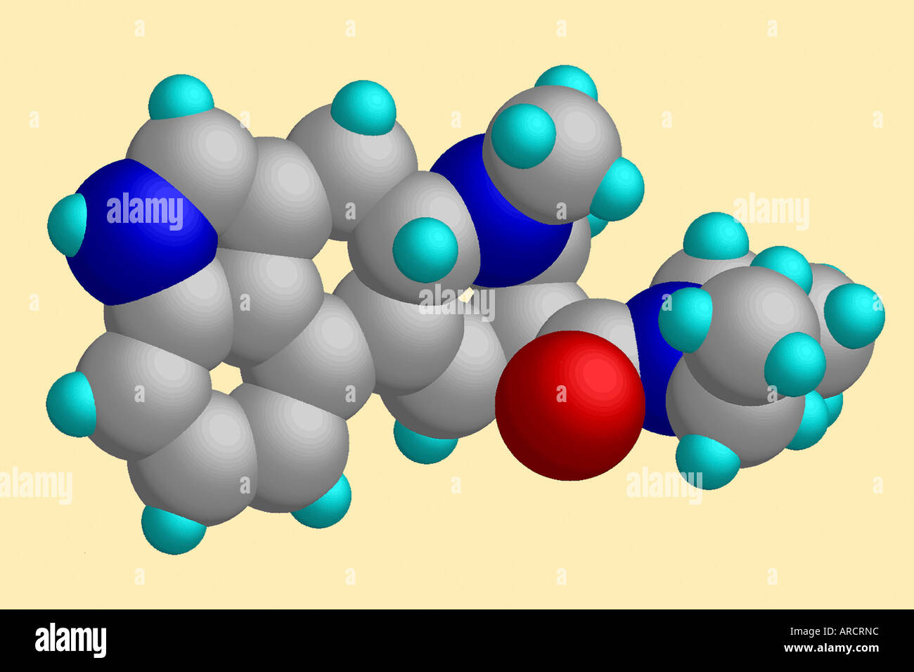Le modèle moléculaire de l'acide lysergique diéthylamide (LSD), N,N-diéthyl-D-lysergamide, C20H25N3O. Banque D'Images