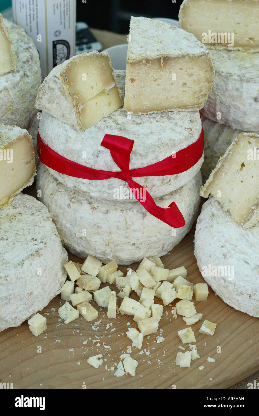 Le fromage non pasteurisé biologique fabriqué à partir de lait de brebis, de moutons à vendre au marché dans le Somerset en Angleterre Banque D'Images