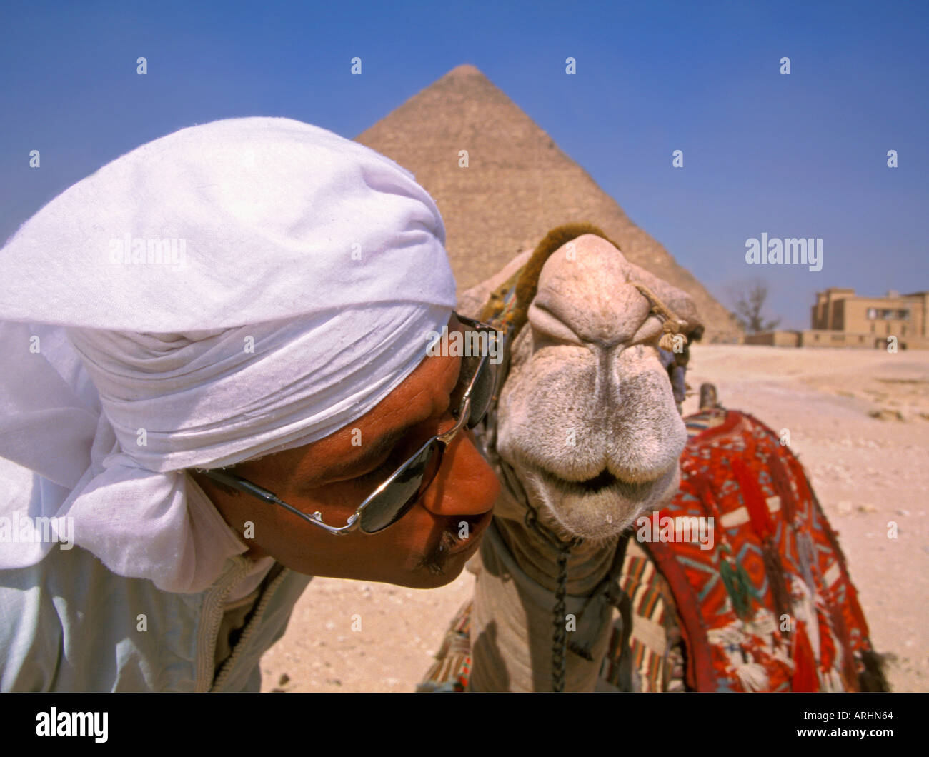 L'homme égyptien s'embrasser son chameau par Pyramides Banque D'Images