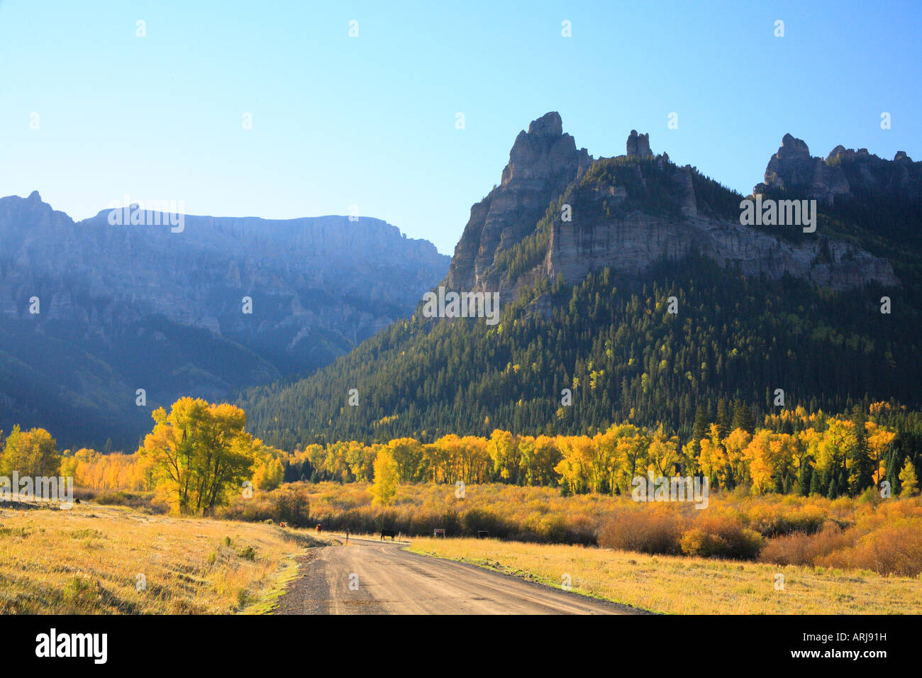 Lever du soleil, l'Owl Creek Pass, Col Owl Creek Road, Ridgeway, Colorado, USA Banque D'Images