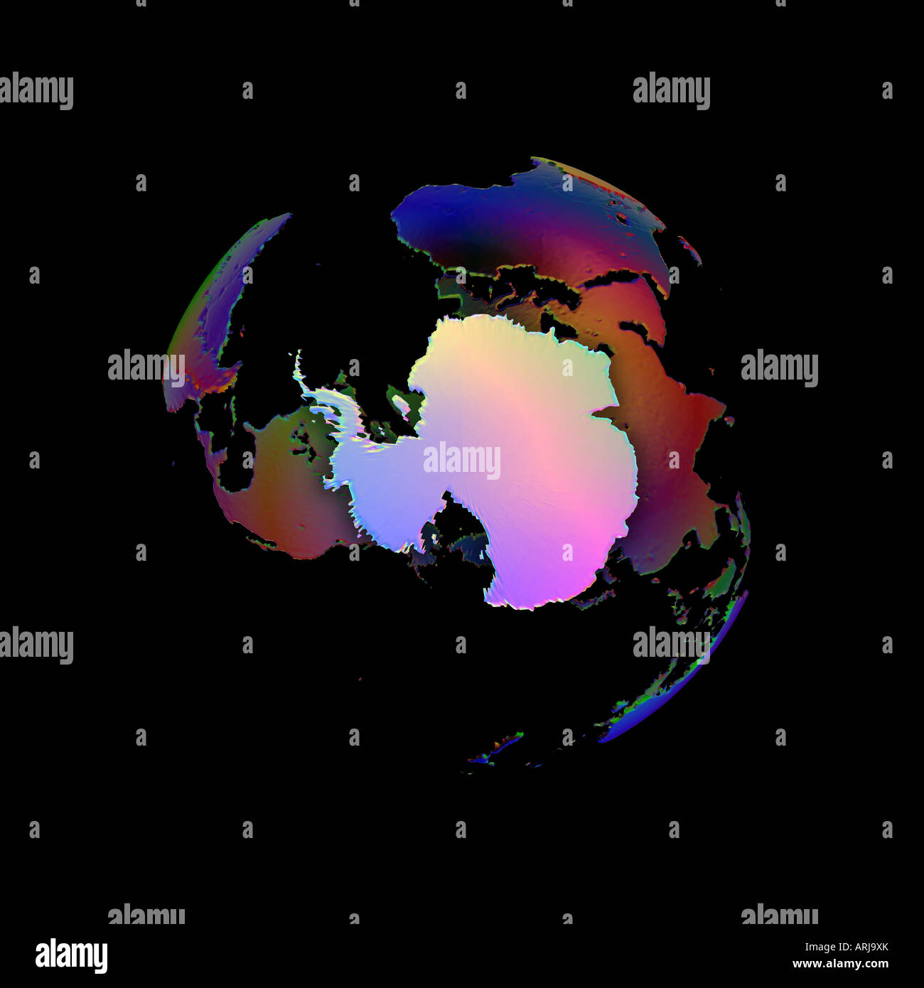 Carte de l'Antarctique en stylisé soft mais riche de tons pastel et de continents en tons de noir contre noir solide Banque D'Images