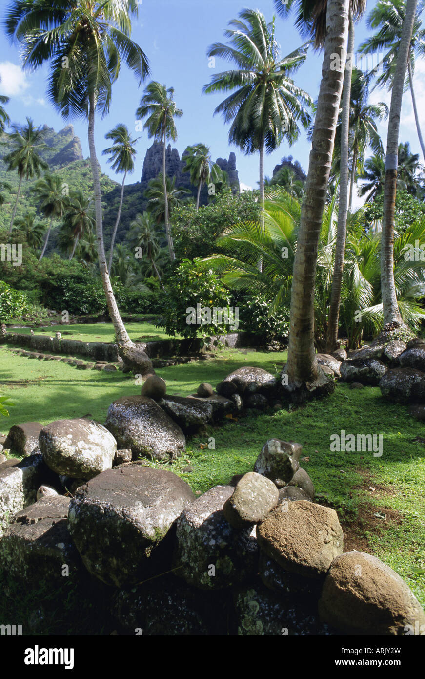 Tohua Hikokua site maori de Hatiheu, Bay, Nuku Hiva, l'île de l'archipel des îles Marquises, Polynésie Française Banque D'Images