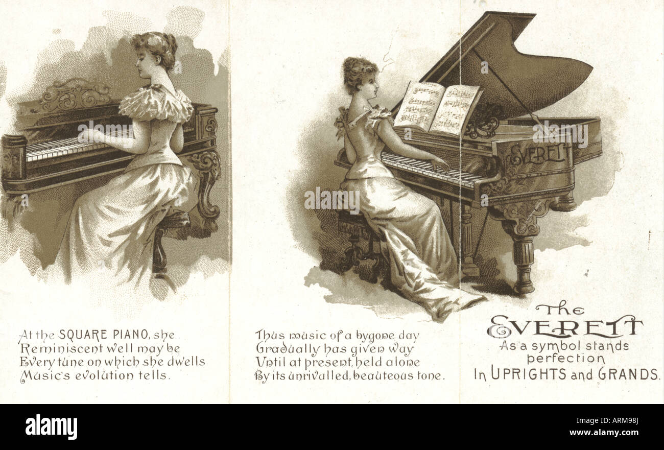 Publicité pour piano Folding Everett vers 1896 intitulée Music's Conquest in six Scenes publiée par Harger & Blish, Dubuque, Iowa, États-Unis Banque D'Images