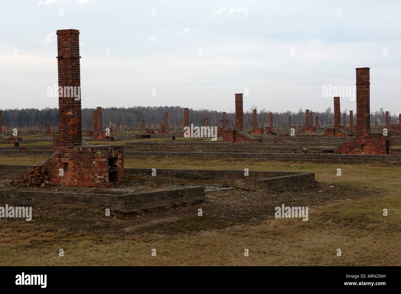 Vestiges de harth et les cheminées d'Auschwitz Birkenhau prisonniers abris Banque D'Images