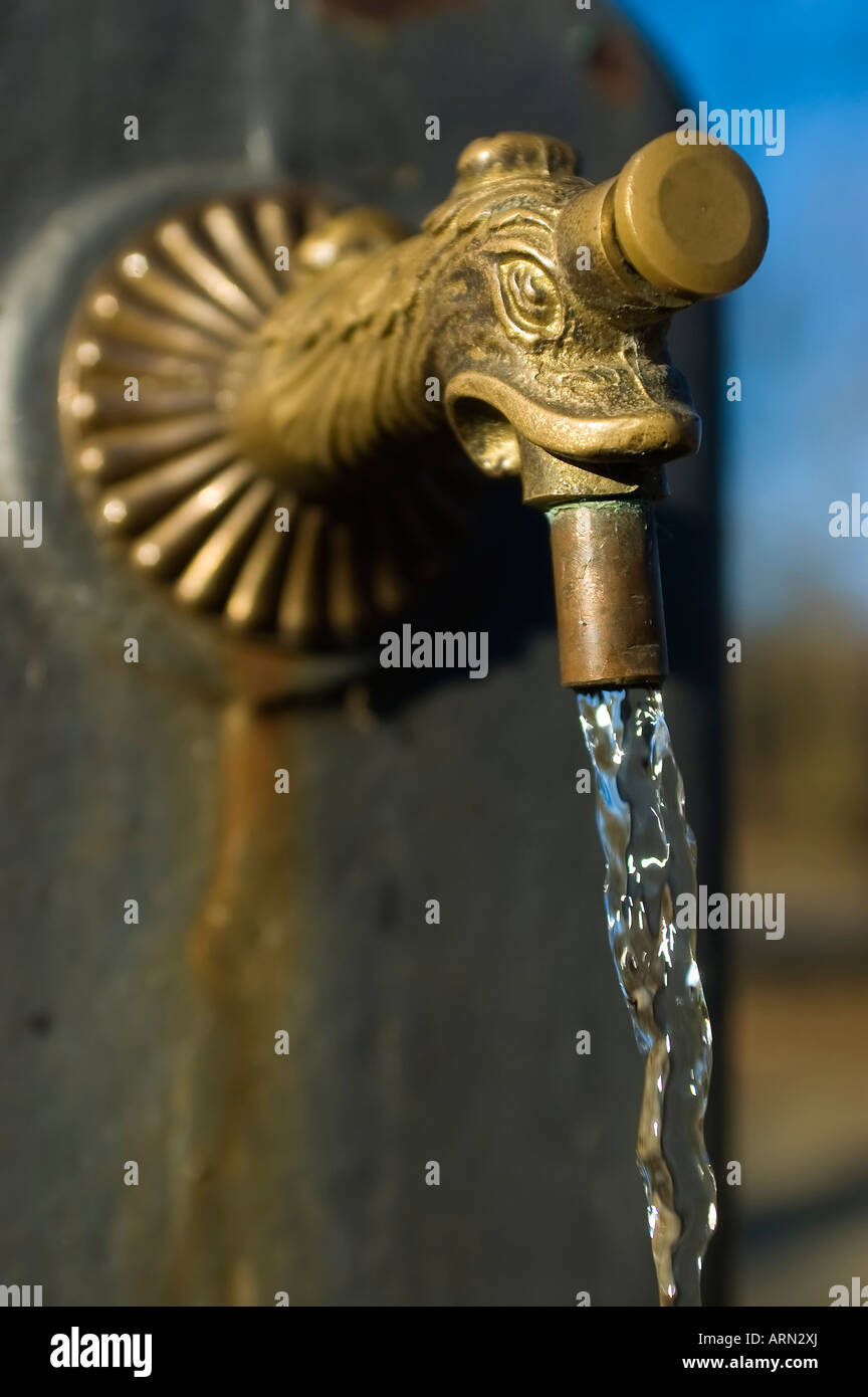 Fontaine d'eau potable comme une tête de dragon avec de l'eau qui coule dans une journée ensoleillée Banque D'Images