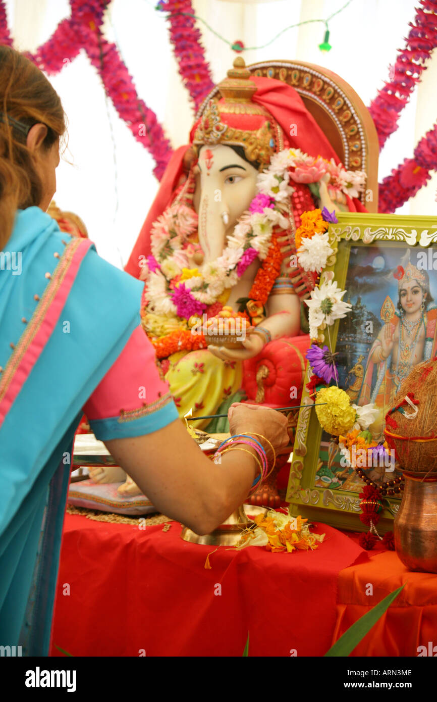 Ananta Chaturdashi célébrations de l'anniversaire de l'Hindouisme, dieu de la fortune, Seigneur Ganesha, Southend-on-Sea, Essex, Angleterre, RU Banque D'Images