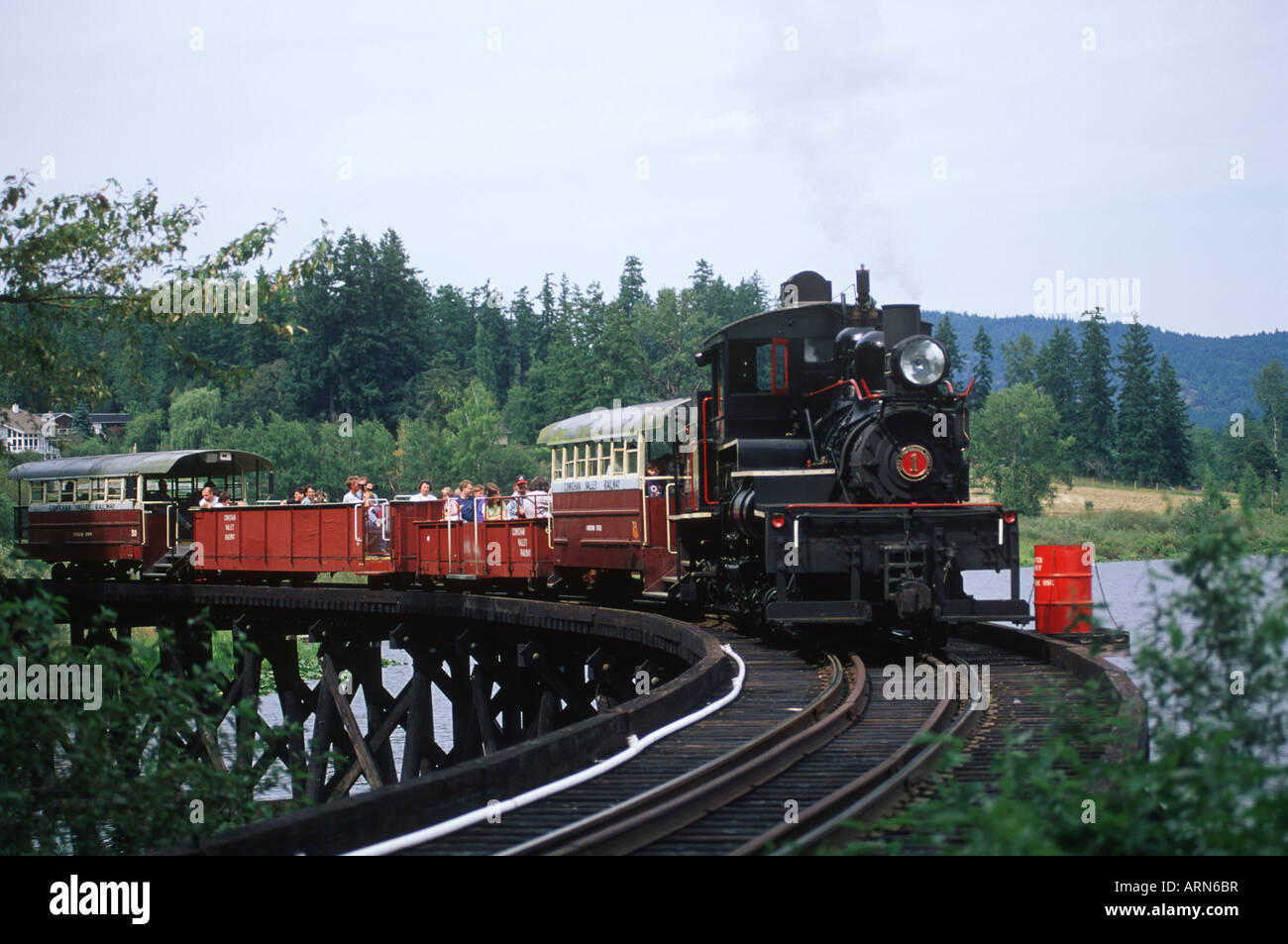 Centre de foresterie de la vallée de Cowichan, train à vapeur avec les visiteurs, l'île de Vancouver, Colombie-Britannique, Canada. Banque D'Images