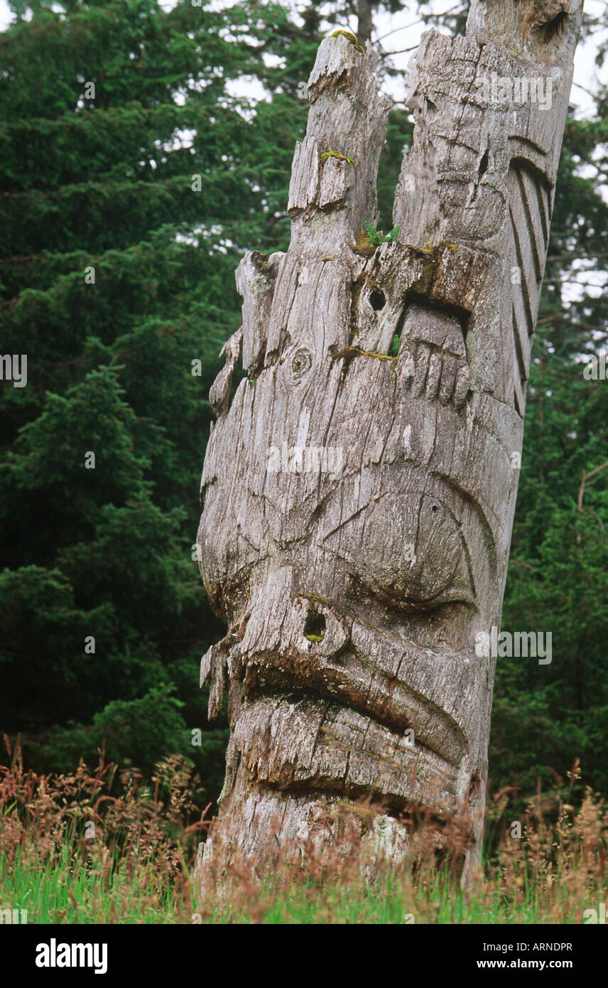 Queen Charlotte Islands, Ninstints Village (Nad Sdins), Anthony SGaang Gwaii (île), des totems mortuaires altérés, de la C Banque D'Images