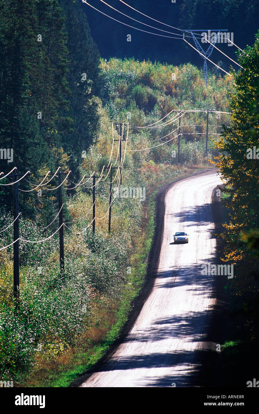 Voiture sur une route de campagne le long des lignes de transport d'électricité, de la Colombie-Britannique, Canada. Banque D'Images