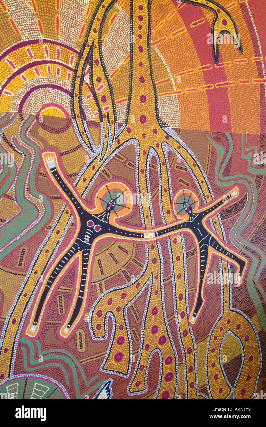 L'art aborigène Australie rêve temps terre dot peinture exposition de l'héritage de la culture de l'Australasie Europe brown earth circle Banque D'Images