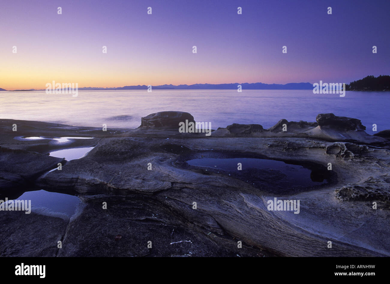 Crépuscule, galeries Malaspina, Gabriola Island, l'île de Vancouver, Colombie-Britannique, Canada. Banque D'Images
