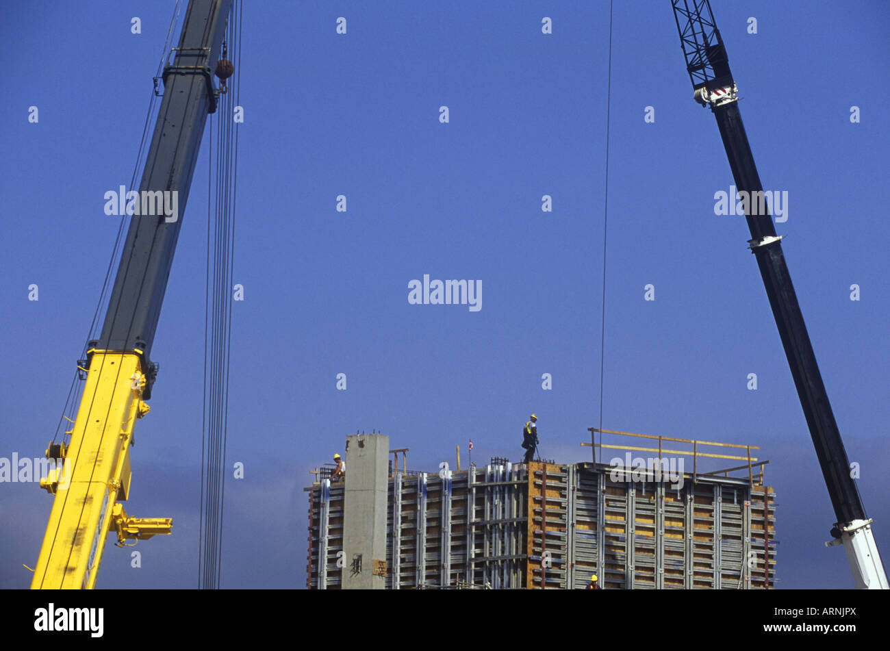 Projet de construction, le béton et l'acier, les travailleurs et les grues, contre le ciel bleu, l'île de Vancouver, Colombie-Britannique, Canada. Banque D'Images