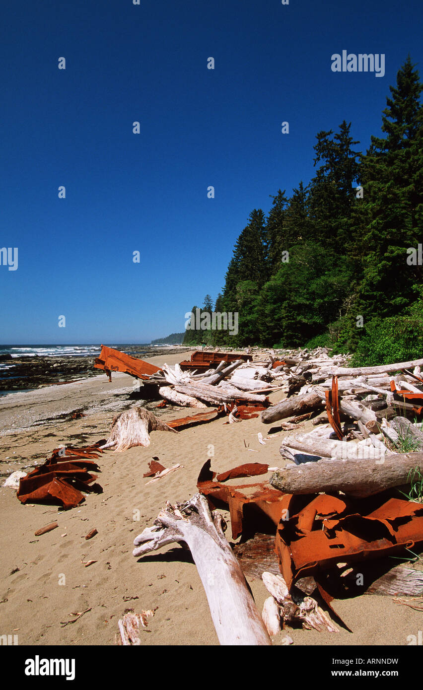 Sentier de la côte ouest, épave rouillée des débris sur la plage, l'île de Vancouver, Colombie-Britannique, Canada. Banque D'Images