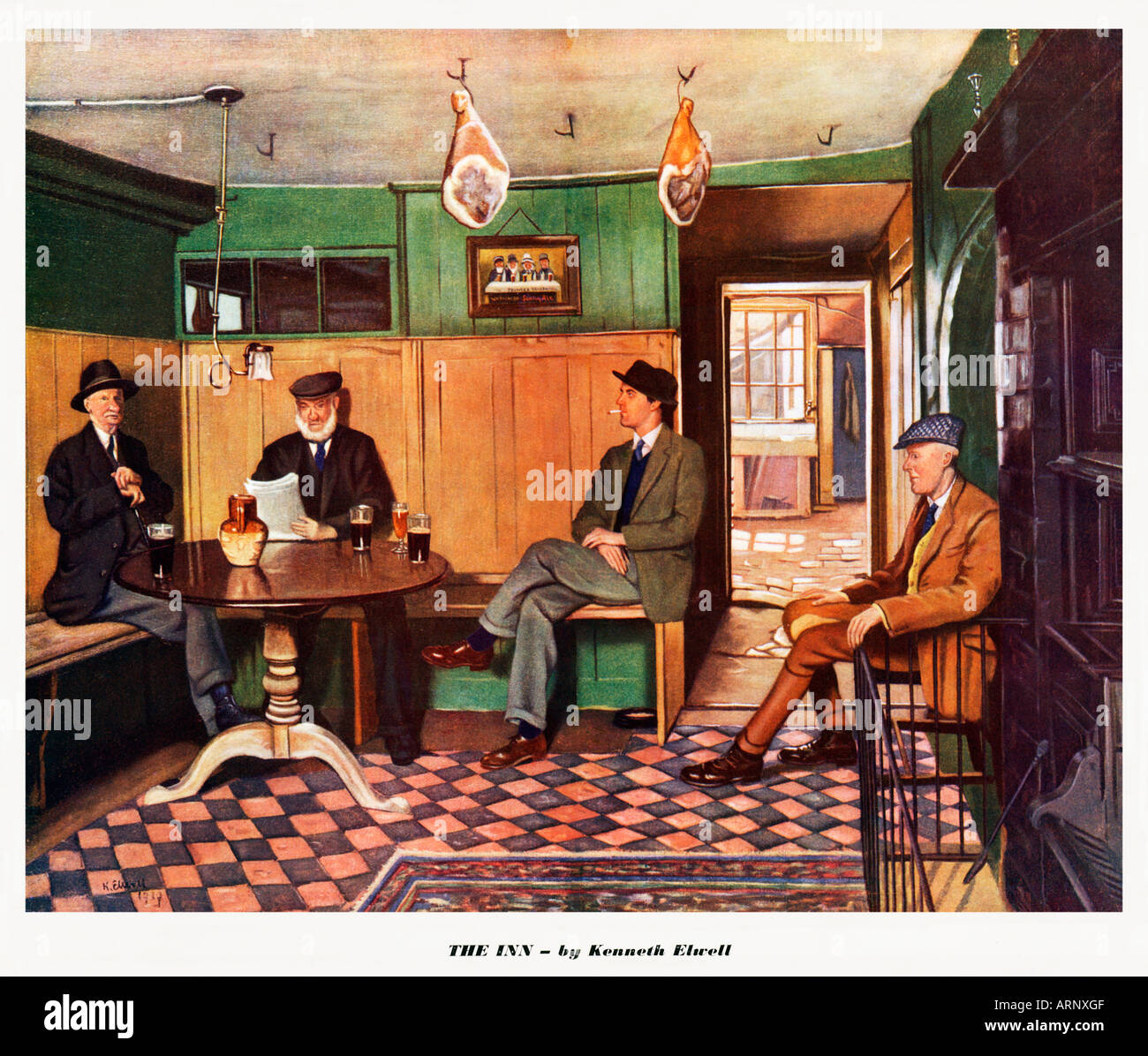 L'Inn, 1930 peinture d'un pub, accrochant les jambons et les buveurs locaux à plutôt ternes et ennuyeux Banque D'Images