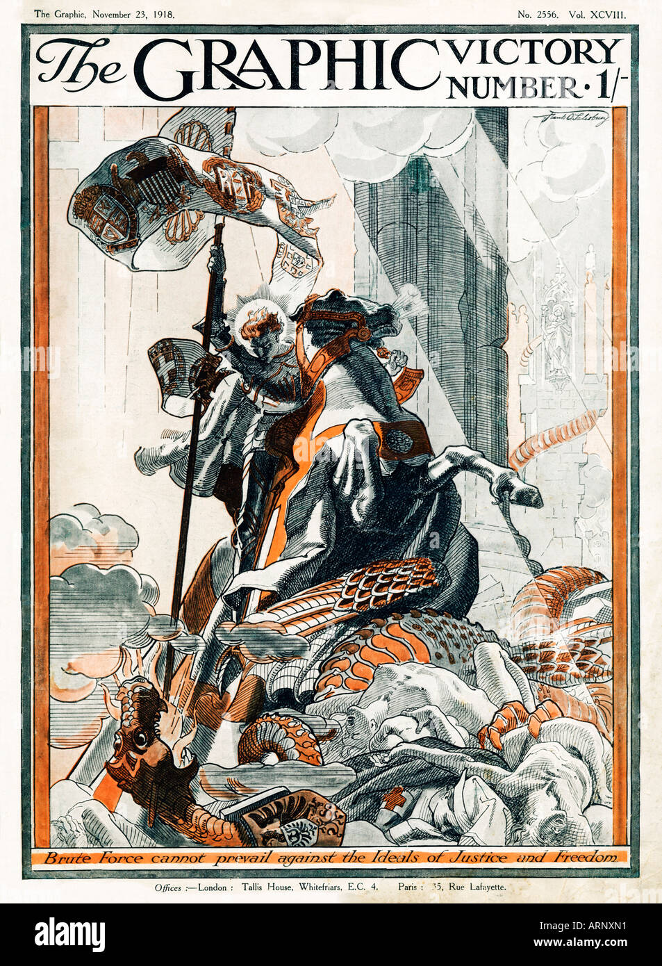 Le nombre de victoire graphique 1918 Allied St George tue le Dragon allemand en couverture du magazine anglais cet armistice Banque D'Images