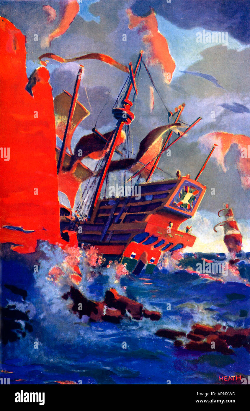 Dernier des galions Armada 1930 garçons comic book illustration de la fin de l'Armada espagnole en 1588 Banque D'Images