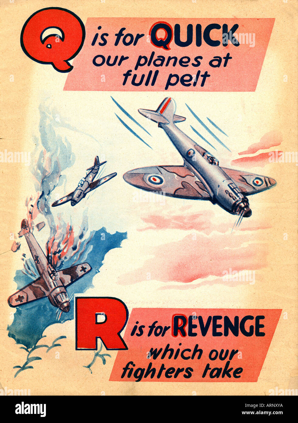 Bataille d'Angleterre Q R rapidement et de vengeance qui nos chasseurs prendre - duel aérien au dessus du canal - alphabet pour enfants britanniques à partir de 1939-45 Banque D'Images
