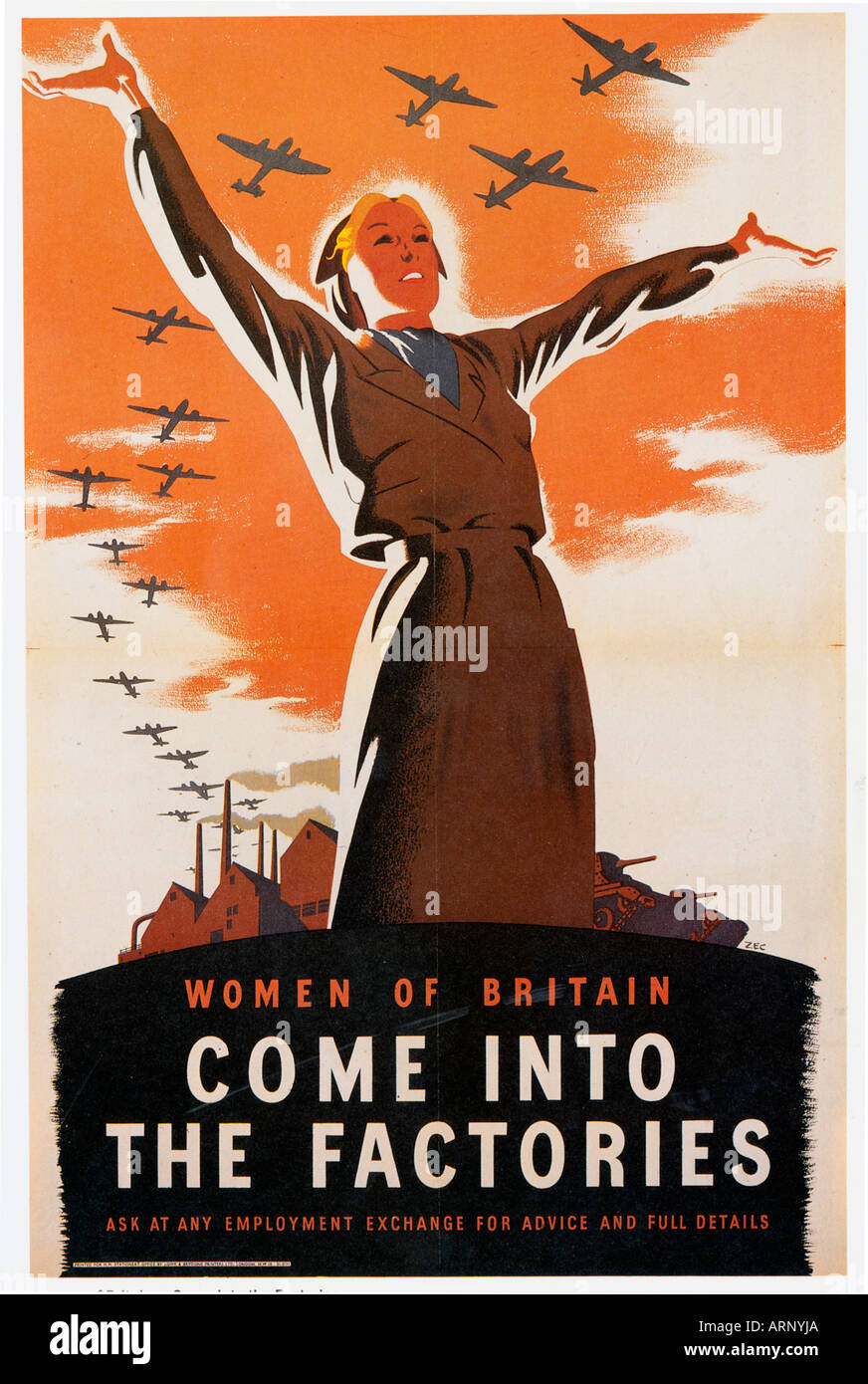 Les femmes entrent dans les usines 1940 affiche de propagande britannique pour les femmes à la main-d'recrue Banque D'Images
