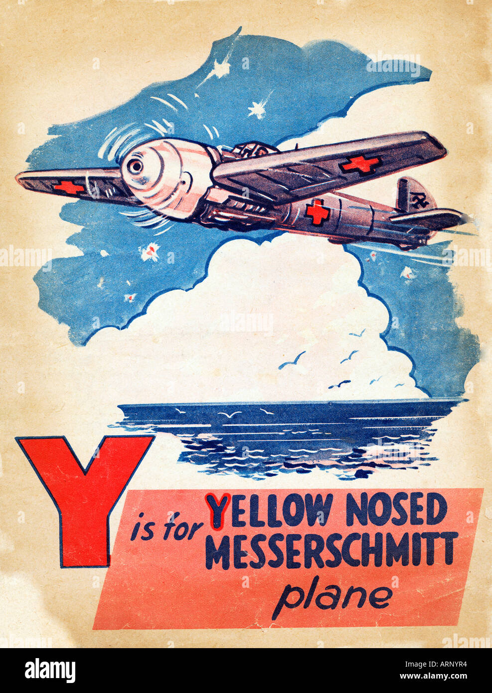Bataille d'Angleterre y est pour les enfants britanniques Messerschmitt nez jaune Alphabet book de WW II Banque D'Images