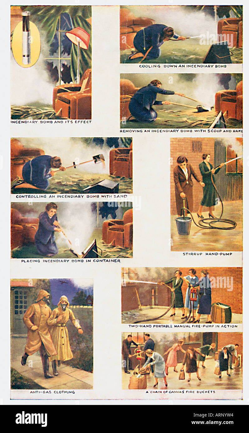 Cartes de cigarettes Blitz 1940 partie d'une série de cartes de guerre, de donner des conseils sur la façon de traiter avec des bombes incendiaires Banque D'Images