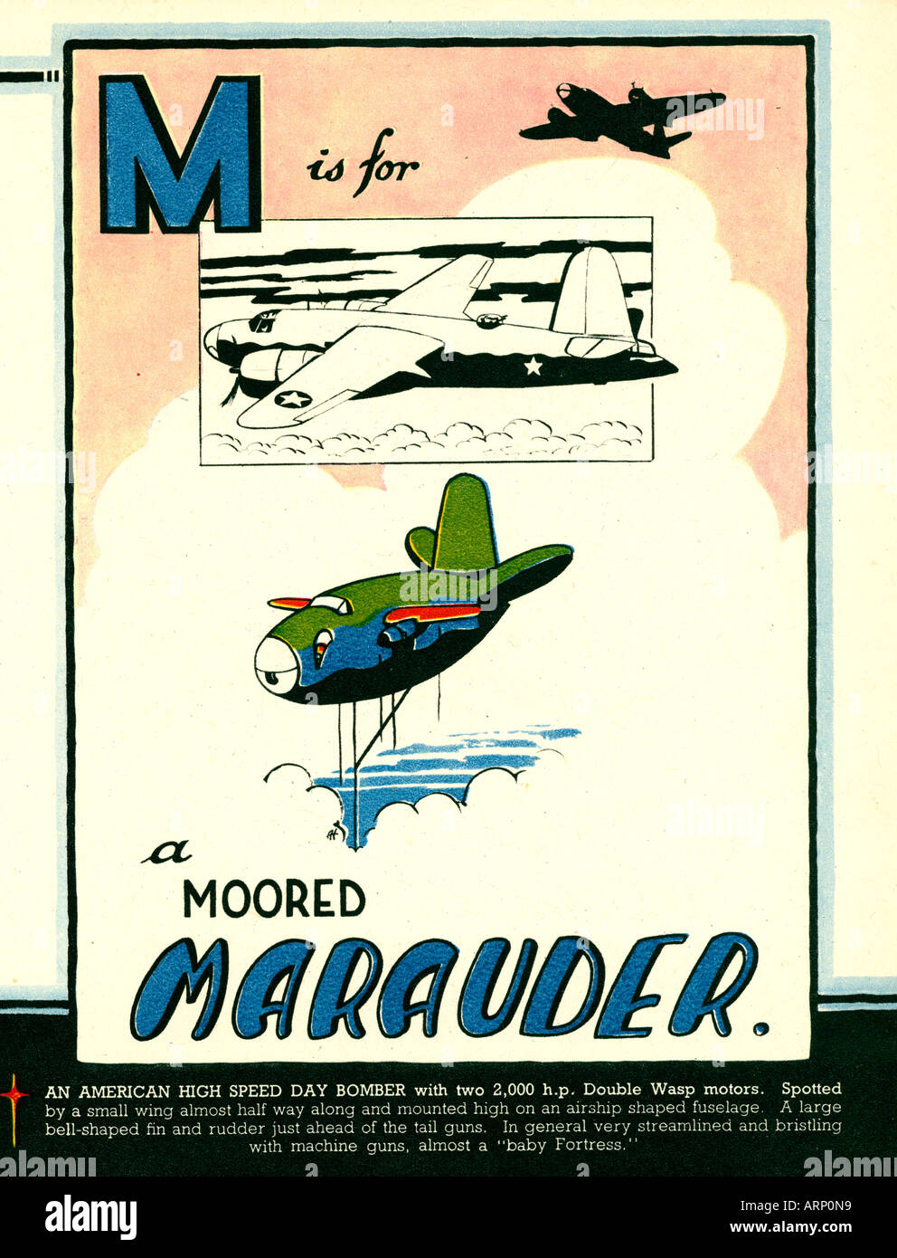 M est pour Marauder 1943 enfants de guerre anglais Alphabet book de l'American avions bombardiers à grande vitesse Banque D'Images